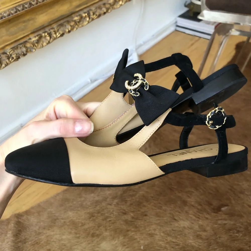 Chanel Black and Tan Women's flats Shoes with CC logo Crystal bow size 39 - Picture 6 of 12